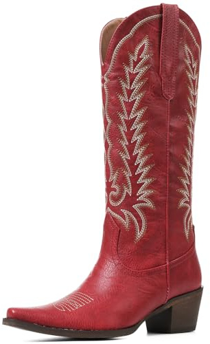 Tscoyuki Cowboy Red Boots for Women: Embroidered Western Knee High Boots Women - Pointed Toe Chunky Heel Cowgirl Tall Boots, Size 8