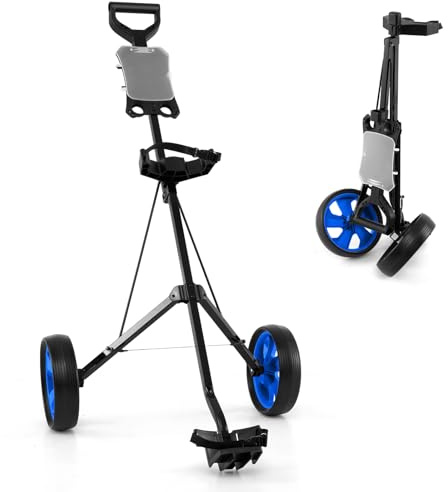 GYMAX Golf Trolley 2 Rad, Golftrolley klappbar mit Anzeigetafel, Leichter Golf Push Cart für Golfschläger und Golfbag (Blau)