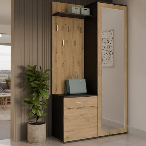 WHATSIZE ENTERPRISE - Modern Entryway Hall Double Wardrobe with Drawers Storage Coat Rack, Shoe Storage, Hanging Hooks |Cabinet Contemporary Bedroom Hallway Foyer Furniture Anthracite Artisan