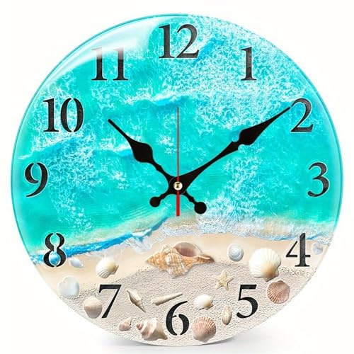 Hbbgdiy Horloge Murale côtière de 10 Pouces en Acrylique avec Mouvement de Balayage Calme, thème Plage extérieur/Horloge intérieure pour Patio, Bord la Piscine, Jardin et décoration Maison, Bleu