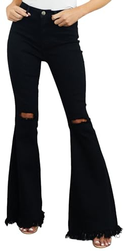 FUNSEED Jeans acampanados con corte de bota para mujer, cintura media, elásticos, rasgados, acampanados, a la moda, adelgazantes, vintage