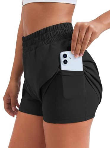 PINSPARK Women's Workout Shorts with 4 Pockets 2 in 1 Running Shorts High Waisted Athletic Shorts 3 Quick Dry Gym Training Shorts Black XL