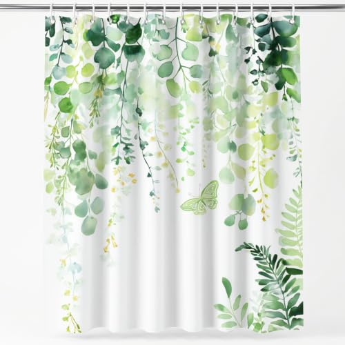 Akvarell fräsch duschdraperi 200 H x 240 B cm rankor gröna blad blommor fjäril romantisk växt duschdraperier med krokar, badrum gardin polyester vattentät antimögel badrum gardiner