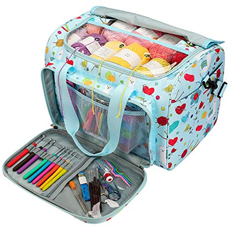 Katech - Borsa per il trasporto e la conservazione di lana e uncinetto, con tasche per accessori, per proteggere e conservare il filato (accessori non inclusi) (celeste)