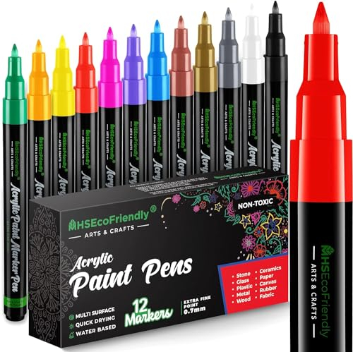 MHSEcoFriendly Acrylstifte wasserfest Set für Steine, Holz, Leinwand, Glas (12 Stück, 0,7mm) - wasserfeste, dünne Acryl Stifte feine Spitze - Steinmalstifte zum Steine bemalen für Erwachsene & Kinder