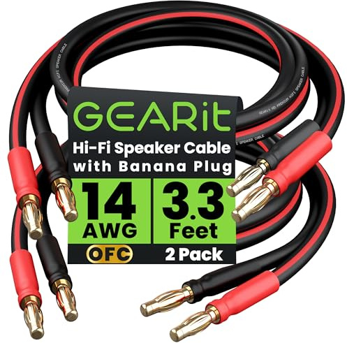 GearIT 14 AWG Speaker Cable Wire with Banana Plugs (2 Pack, 3.3 Feet - 1 Meter) 14Ga Gauge Banana Wire for Bi-Wire Bi-Amp HiFi Surround Sound - 99.9% OFC Copper, Gold Plated Tips - Black, 3 Ft