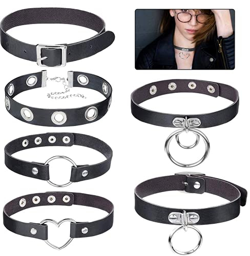 QincLing 6 Stücke Leder Choker Kette, Halskette Chokers Gothic Punk Halskette Rock Halsband Gothic Choker PU Leder Kragenchoker Verstellbar Lederhalsband Chokers Herz für Damen Herren