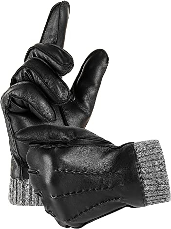 EGSSHOP Winter Warm Genuine Leather Gloves, Cashmere Lined Driving Motorcycle Gloves for Men