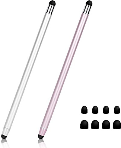 Styluspennor för pekskärmar (2-pack), 2-i-1 gummi pekpenna för surfplattor, iPad Pro, iPad Air, smartphones, Samsung Galaxy med 8 ersättningstips