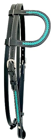 WeavingCraft Genuine Top Grain Black Leather Western One Ear Headstall Bridle with Hand Braided Turquoise Rawhide