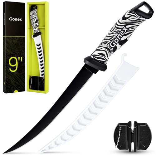 Gonex Coltello per Sfilettare Coltelli da Disosso Coltello da Pesce Professionale, Lama in Acciaio Inox Affilata e Impugnature Antiscivolo, con Fodero Ventilato e Affilatore, 22 cm