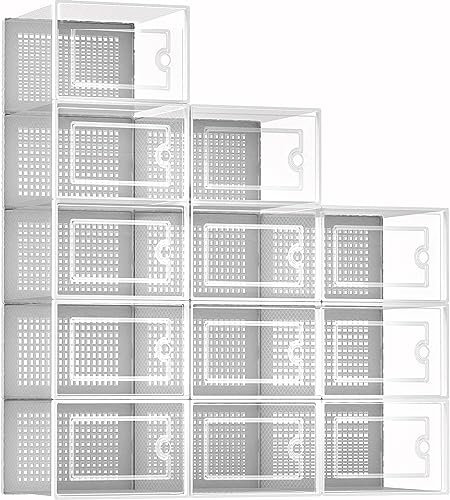 Thrink 12 X Shoe Storage Boxes - Clear Transparent Shoe Organizer - For Effortless Stacking – With Rear Ventilation Holes - Easy Assembly - Sturdy & Durable - Space Saving - White Door Frame