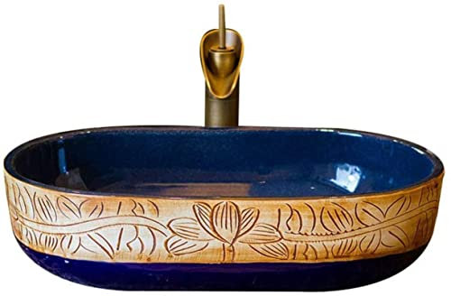 SONAXO Resin Washbasin, Natural Stone Oval Built-in Vintage Washbasin Sink Ceramic Container Hotel Splash-proof Washbasin for Bathroom