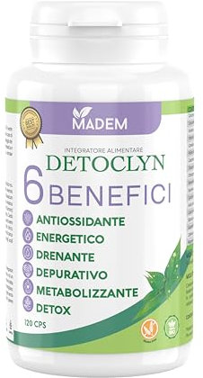 MADEM Integratore 120 Cps Detox, Drenante, Energia Stanchezza Fisica E Mentale, Depurativo Fegato E Intestino, Diuretico, Con Cardo Mariano Tarassaco E Carciofo, Te Verde, Guarana, Curcuma, Spirulina