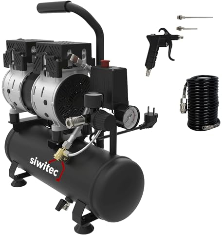 siwitec Flüsterkompressor SK-550 inkl. 5 m Druckluftschlauch und Druckluftpistole mit 2 Verlängerungsstücken | Kompressor mit 550 W, 6 L, max. 8 bar, 56 dB, 106 l/min Ansaugleistung | ölfrei