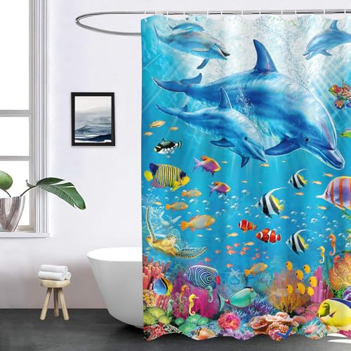 FABTOP Delphin Duschvorhang 180x200 120x200cm, Wasserfeste 3D Ozean-Thema Delphin Duschvorhänge Blau Delphin Shower Curtains Antischimmel Textil (7,120 x 200 cm)