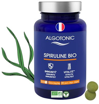 Algotonic - Spiruline BIO 100% PURE - 3000 mg par jour - 500 comprimés - Cure de 80 jours - Phycocyanine - Protéines, Vitamines et Minéraux - Renforce le système immunitaire, la vitalité et le tonus