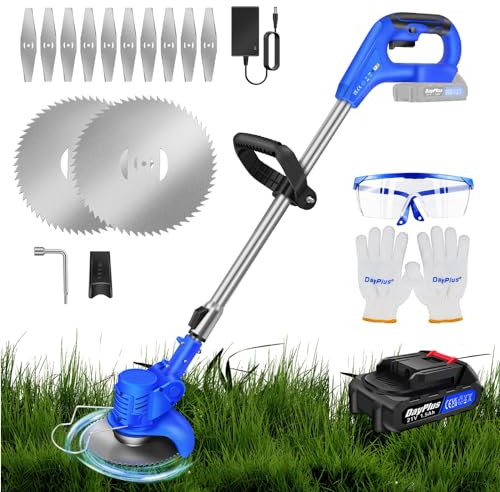 Qimu Cordless Strimmer 21V Garden Strimmer with 1500mAh Battery&12pcs Blade Electric Telescopic Brush Cutter Lightweight Battery Strimmer Adjustable Height Metal Blade Strimmer for Gardens Lawns