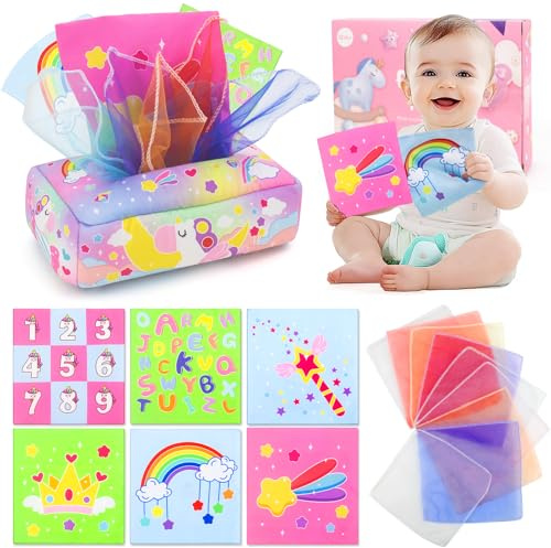 Jouets pour Bébé de 6 à 12 Mois – Boîte à Mouchoirs Montessori pour Bébé de 12 à 18 Mois, Jouet d'apprentissage en Tissu Licorne Avec Chiffres de L'alphabet, Sons, Colorés Jeux Éducatif 6 9 12 Mois