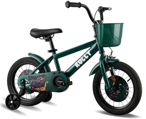 RULLY Dinosaur 14 Inch Boy's Bike for 3 4 5 year kid,Green theme designs kids bicycle with Removable Training Wheels,Coaster Brake and Handbrake, Basket