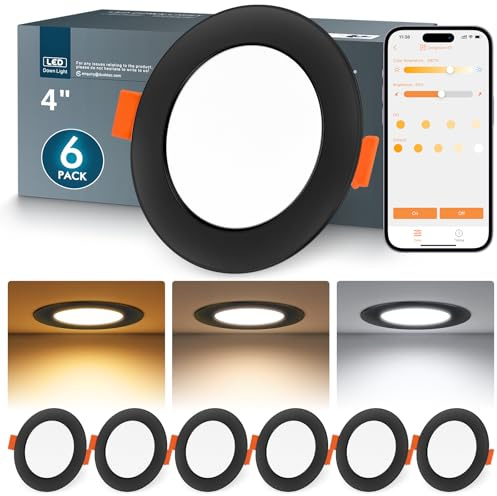 DUSKTEC Smart LED Downlights Ceiling Black 10W, APP Dimmable, Alexa Spot Lights, Warm and Cold White, LED Spotlights 4 inch, 240V Recessed Ceiling Lights IP44, 100mm - 112mm Cutout, 6 Pack