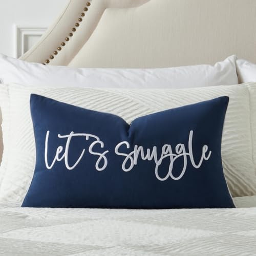 Sunkifover Let's Snuggle Decorative Lumbar Pillow Cover 12x20 Blue | White Embroidery Quote Throw Pillowcase for Bed, Bedroom