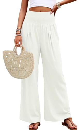 Neteson Pantalones Mujer Verano Pantalon Ancho Elegante Pantalón Elástica Largas Cómodos Pantalones Palazzo Playa Casual con Bolsillos