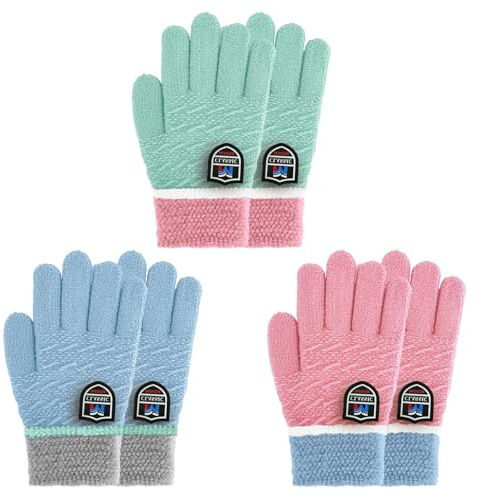 Migliore Wear 3 par barnvinterhandskar, varma barn stickade handskar vinter barnhandskar för 4–10 år pojkar flickor, Rosa + grön + blå, 4-6 År