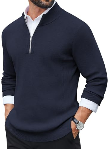 COOFANDY Jersey Hombre de Tejido Fino Cuello Alto Media Cremallera Manga Larga Suéter para Invierno Jersey de Trabajo Marino Azul M