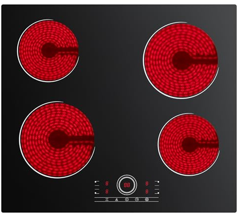 CDV Placa Vitroceramica 4 Fuegos, 59CM, Vitrocerámica con 99Min Timer, 6000W, 9 Niveles de Potencia, Control Táctil, Bloqueo Infantil, Adecuado para Todos los Recipientes