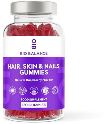 Hair, Skin & Nails Gummies - 120 Raspberry Flavour Gummies - Advanced Hair Skin & Nails Supplement for Men & Women - 13 Essential Nutrients Incuding Biotin