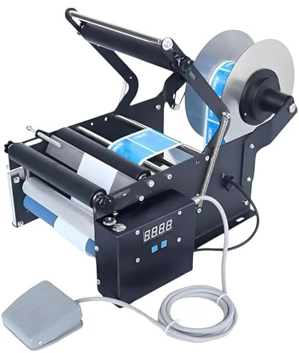 Etiketteringsmaskin för Runda Flaskor, Etikettskrivare med Fotpedal, Halvautomatisk Etiketteringsmaskin för Runda Flaskor, lämplig för Flaskor med en Diameter på 15–100 mm
