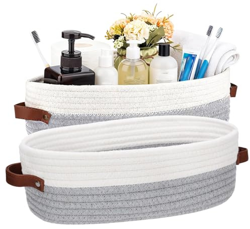 TIANLIN 2 Piezas Cesta de Almacenaje Tejida de Cuerda de Algodón, Tamaño 33×15×10 cm, Pequeñas Cestas de Almacenaje con Asas de Cuero para Baño, Dormitorio, Cocina y Estantería (Blanco y Gris)