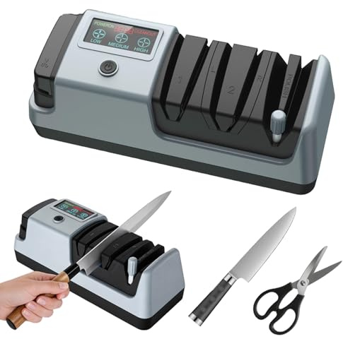 Afilador de cuchillos electrico profesional con pantalla LCD, 3 velocidades y afilado de 3 etapas, afilador cuchillos para hojas rectas, ceramica, dentadas y tijeras, afilador de cuchillos con iman
