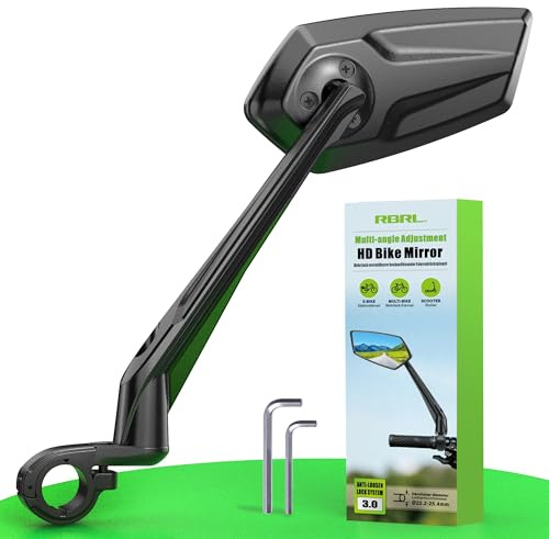 RBRL Bike Mirror, 360° Adjustable Handlebar Mirror with Drop-Proof Structure, 3-Screw Locking Anti-Loosen System, Aluminum Alloy Base, Wide Angle Vision Bicycle Mirror for eBikes, Mountain Bikes(left)