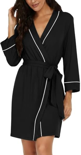 PrinStory Dressing Gown Women Causal Short Bathrobe Summer 3/4 Sleeve Kimono Robes V-Neck Lightweight Loungewear