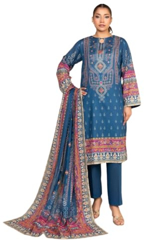 Women's 3-Piece Stitched Lawn Suit - Magenta Pink Embroidered Kurta with Sequined Detailing, Dyed Trousers & Traditional Printed Dupatta - Eid & Festive Collection (UK, Alpha, L, Regular, Regular)