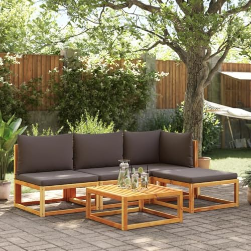 Runheo Ensemble mobilier Jardin 5 pièces en Bois d'acacia avec Coussins Gris modulable canapé d'angle Banquette Fauteuil Dossier Corde tressée Assise Confortable pour terrasse Balcon Patio détente