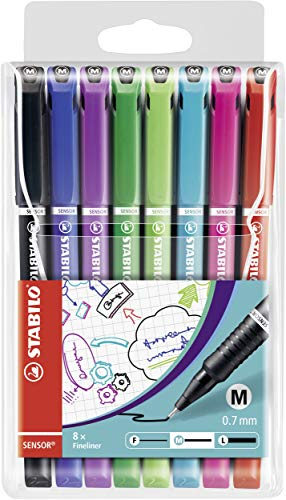 STABILO - Fineliner mit gefederter Spitze - SENSOR M - medium - 8er Pack - mit 8 verschiedenen Farben