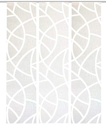 HOME WOHNIDEEN 88428 | 3er-Set Schiebegardinen CASSÉ, Blickdicht und transparent im Wechsel, mit Scherli-Muster, 245x60cm, Farbe: wollweiß
