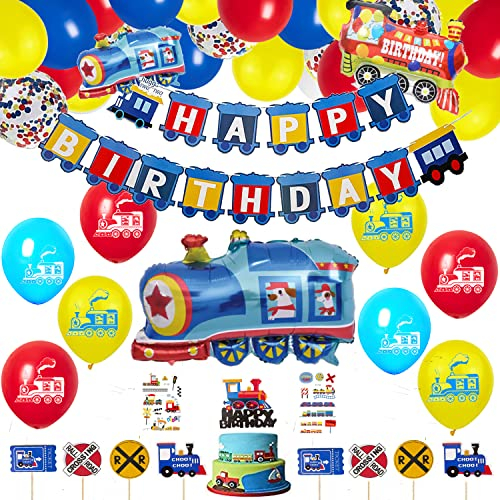 Zug Geburtstag Party Supplies Set - Thema Blau Gelb Rot Dekorationen Mit Eisenbahnballons Girlande, Banner, Ballons, Cupcake Toppers für Dampfzug Geburtstagsparty