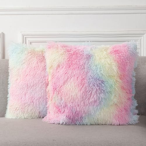 DJDEA Kissenbezüge 2er Set - Kuschelkissen Flauschig Kissen 40x40 Bezug - Künstlich Pelz Sofakissen - Dekorative Dekokissen - Kissen Flauschig Kissenbezug für Sofa 40x40 cm (Regenbogen, 40 x 40 cm)
