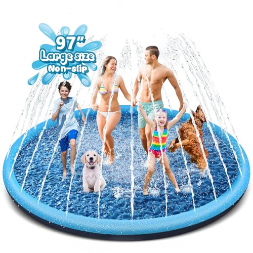 YAUNGEL Piscine pour Chiens Très Grand, 246cm/97in, 0.55cm Épaississant Tapis de Jeu d'eau pour Chiens avec Éclaboussures et Antidérapant, Jouet de Jardin Portable Durable et Pliable, Bleu
