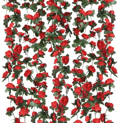 Criveple 6 Pack 49FT Guirnalda de Rosas Artificiales Flores Colgando Flores De Seda Colgante Al Aire Libre Flores Artificiales Deco para Boda Arco Dormitorio Pared Decoración (Rojo)