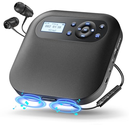 Desobry Portable CD Player with Bluetooth, Discman Player with Dual Speakers, FM Transmitter, Rechargeable Battery, AUX and Headphones, Anti‑Skip for Car, LCD Backlight for Home Upgraded