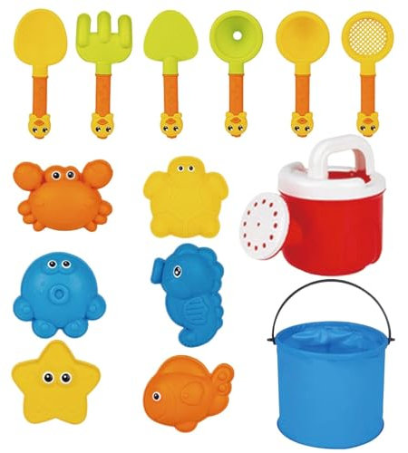 14 PCS Beach Toys, Beach Sand Toys for Kids, Collapsible Bucket and Spade Kids and Marine Animal Sand Moulds for Toddler Boys Girls, Spring, Summer Holiday