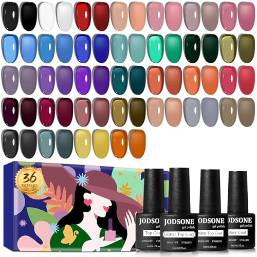 JODSONE Jelly Gel Nail Polish Kit 32 Classic Colors Crystal Clear High Shine Base & Top Matte Glitter Coat
