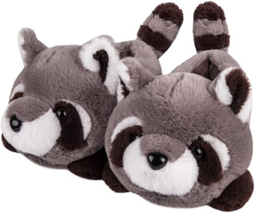 Women's Slippers Cute Wild Animal Fuzzy Plush Funny Slippers Novelty Raccoon Cozy Soft Winter Warm House Shoes for Indoor/Outdoor
