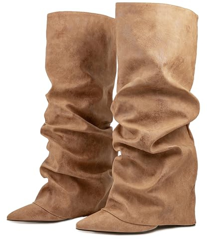 Ceciloroda Fold Over Bottes Slouch Talons Blocs Dressy Bottes au Genou pour femme Shark Bottes Bout Pointu Wide Calf Pull on Pleated Fall Chaussures Apricot Size 37