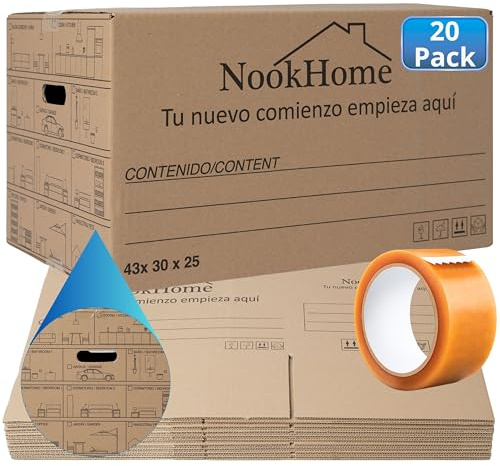 NOOKHOME Pack 20 Cajas Mudanza 43x30x25 cm con Asas + Precinto| Alta Resistencia 32 L, Apilables | Iconos de Estancias + Líneas para Escribir | Altura Ajustable | Recicladas | Fabricadas en España
